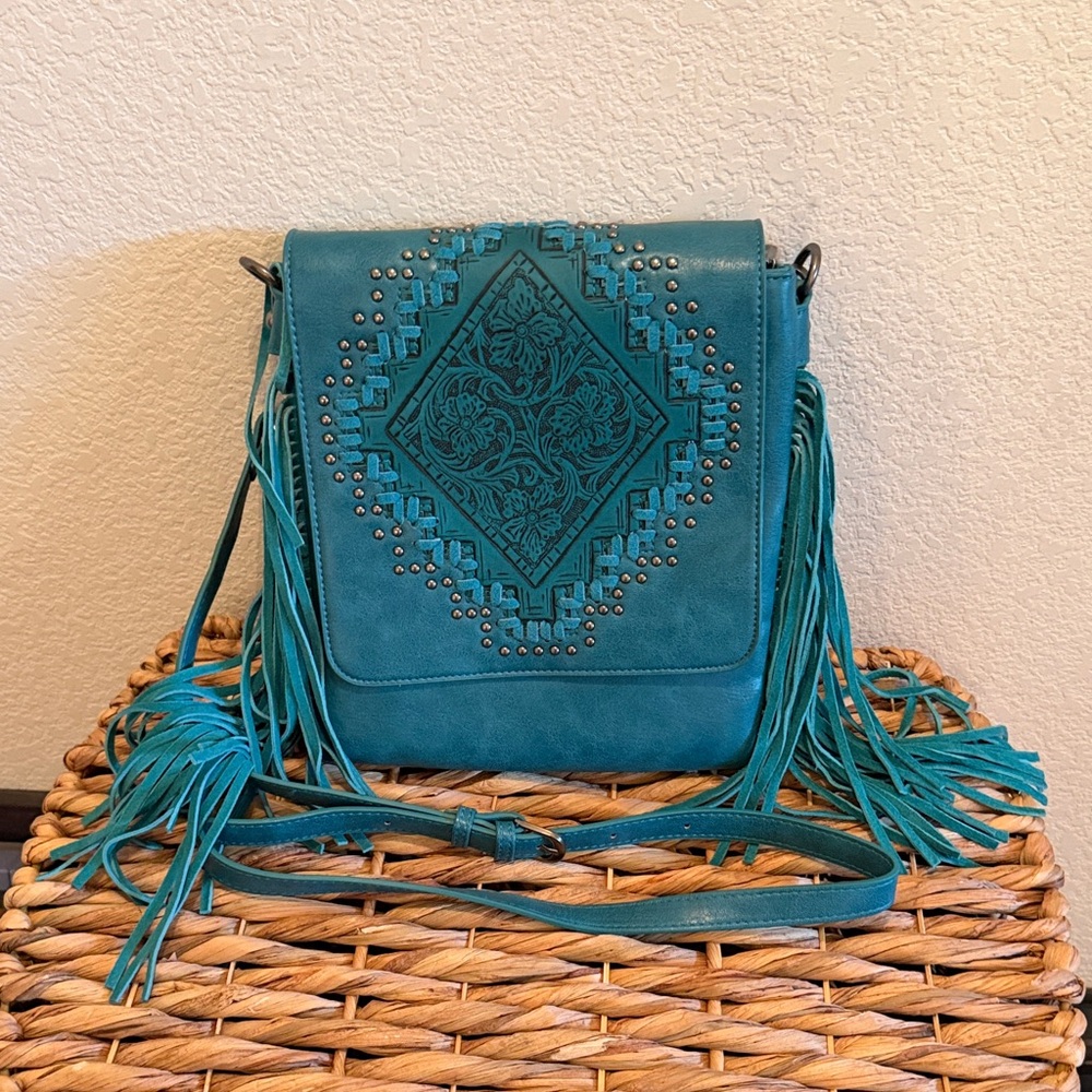 Teal Fringe Crossbody Bag with Embossed Detail